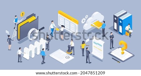isometric vector illustration on a gray background, a set of objects and people in business clothes are working with documents, drafting and processing paper documents