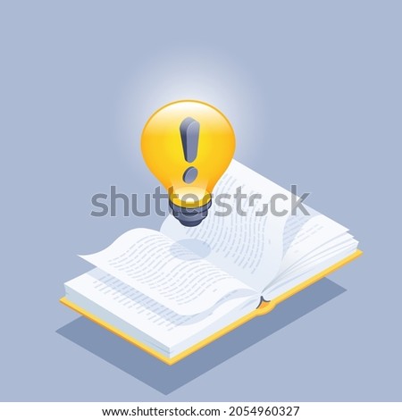 isometric vector illustration on gray background, open book and glowing light bulb with exclamation mark, knowledge in books and search for idea