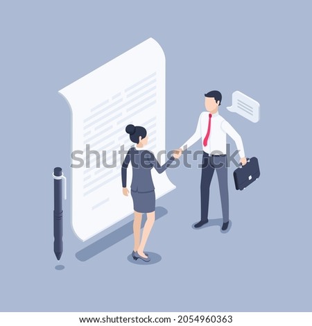 isometric vector illustration on gray background, man and woman in business clothes shake hands next to paper document, signing a document or concluding a contract