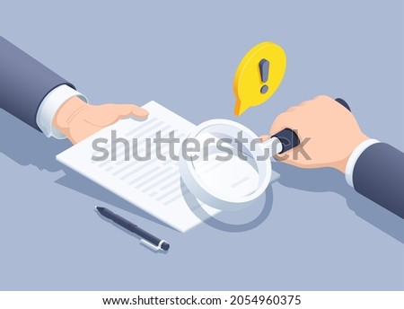 isometric vector illustration on a gray background, a man in a business suit offers to sign a document and another examines these papers through a magnifying glass, read what you sign