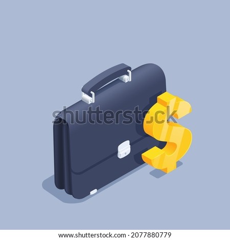 isometric vector illustration on gray background, black business briefcase and gold dollar sign, buying business project