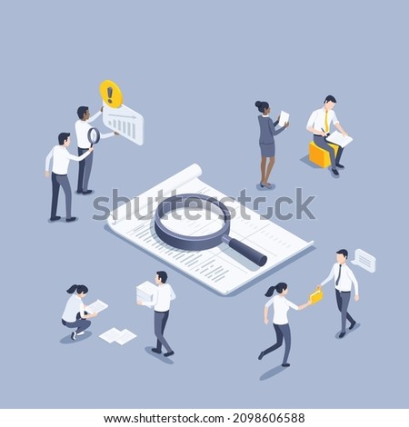 isometric vector illustration on gray background, paper document with  magnifying glass, woman hands over document to a man in business clothes, archival document and paperwork