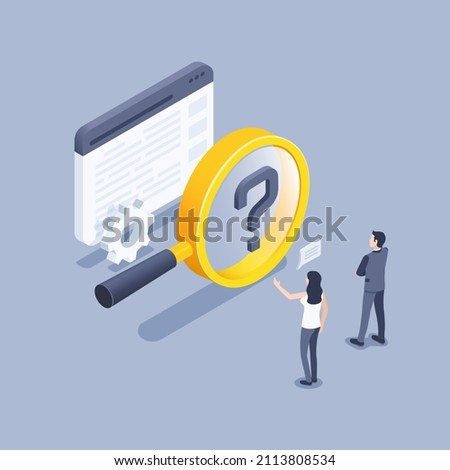 isometric vector illustration on a gray background, a question mark in a magnifying glass and people in business suits look at the browser window and discuss working moments