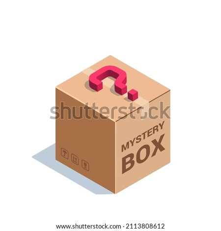 isometric vector illustration isolated on white background, mystery box, cardboard box with a question mark