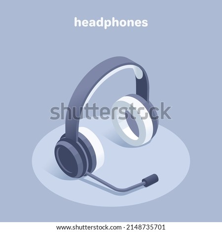 isometric vector illustration on a gray background, headphones with a microphone, online consultation and help