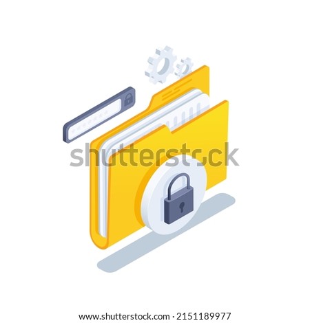 isometric vector illustration on a white background, business icon in the form of a folder with documents and a lock, a field for entering a password and a gear, a secure folder