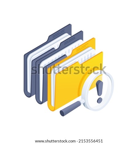 isometric vector illustration isolated on white background, yellow folder with documents and a magnifying glass with an exclamation sign, folder search icon