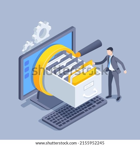 isometric vector illustration on a gray background, a man in a business suit takes a folder from the shelf of the archive, a magnifier on the computer screen, search in the data archive