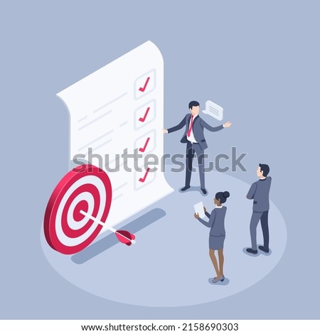 isometric vector illustration on a gray background, people in business suits near a paper sheet with marked points of the plan and a target with an arrow, the successful implementation of the plan