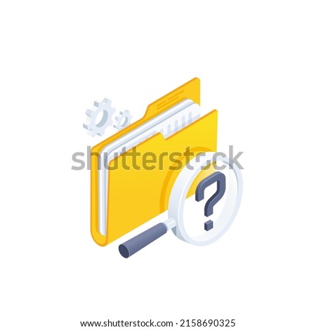 isometric vector illustration on a white background, yellow folder with documents and a magnifying glass with a question mark, documentation search