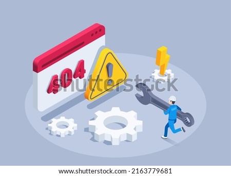 isometric vector illustration on a gray background, a man with a wrench runs to the browser window with the numbers 404 and an exclamation mark, web page error