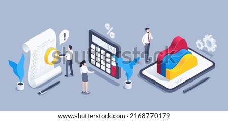 isometric vector illustration on a gray background, business people next to a document and calculator with magnifying glass, wavy chart on a tablet screen, financial data processing and analysis