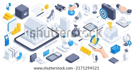 isometric vector illustration on a white background, business icons on the theme of bank and finance, money and bank building next to a safe and a wallet, banking and technology