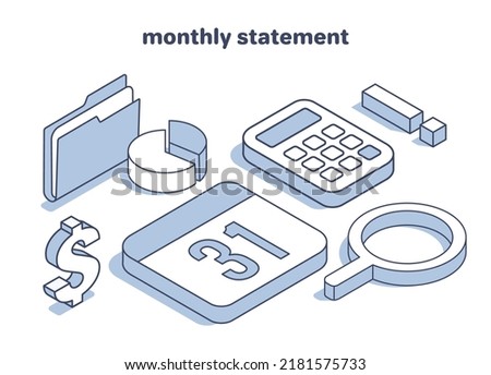 isometric vector illustration on a white background, set of icons in linear style, calendar next to a calculator and a magnifying glass and dollar icon and a folder with pie chart, monthly statement
