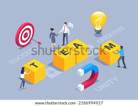 isometric vector illustration on a gray background, people in business clothes shift cubes with the word team and target icons with light bulb and magnet, team building or teamwork