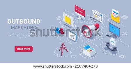 isometric vector illustration on black background, outbound marketing landing page, loudspeaker icon next to tv and billboard as well as telephone receiver and newspaper