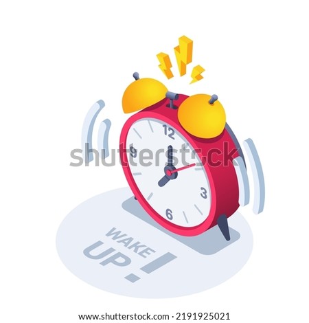 isometric vector illustration isolated on white background, icon of ringing red alarm clock with vibration and lightning bolts, inscription wake up with exclamation sign