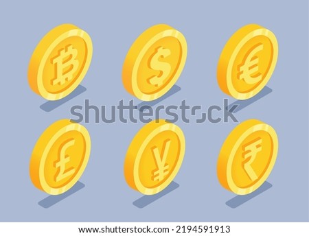 isometric vector illustration on a gray background, a set of gold coins with different icons of world currencies, money or finance