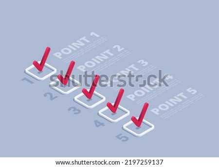 isometric vector illustration on a gray background, checkmarks in square numbered boxes and text, infographics on the topic of completed list items