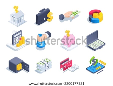 isometric vector illustration on a white background, a set of icons on the theme of bank and finance, a piggy bank and a safe, as well as a calculator and a business briefcase with money