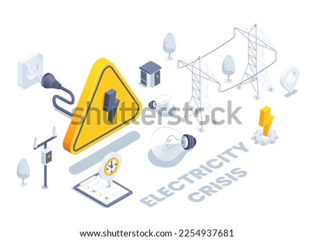 isometric vector illustration isolated on white background, socket and warning sign electricity, light bulbs and electric mains, electrical crisis or outage
