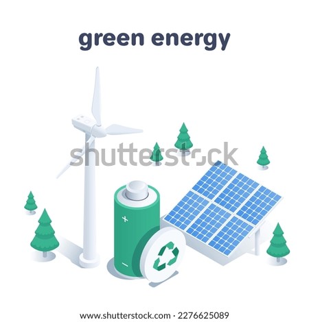 isometric vector illustration on a white background, a wind generator next to a solar panel and a large green battery and a regeneration sign, green energy