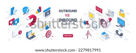 isometric vector illustration isolated on white background, outbound vs inbound marketing landing page, loudspeaker and magnet icons next to other icons