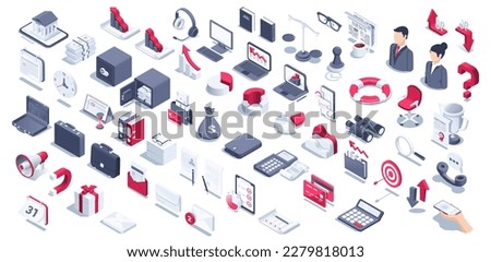 isometric vector illustration on a white background, a large set of business icons, banking and finance as well as law and jurisprudence, graphs and charts with arrows