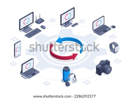 isometric vector illustration isolated on white background, set of gadgets with arrows in the center, gadget synchronization or wireless communication and cloud data storage