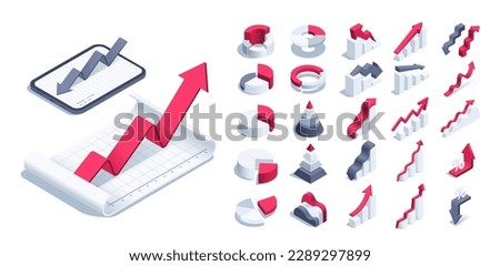 isometric vector illustration on a white background, a set of charts and arrows with a sheet of paper and a tablet, infographics for design and display of statistical data