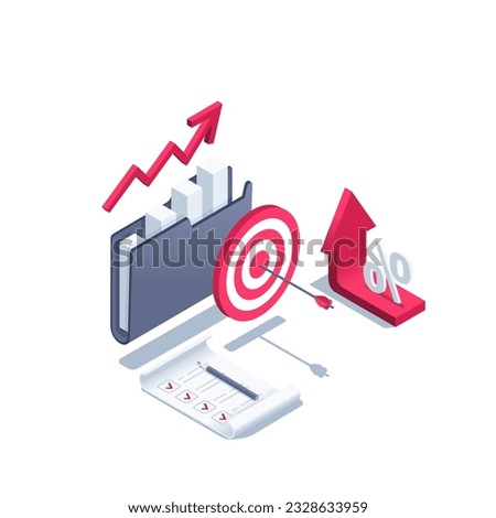 isometric vector illustration on a white background, a target with an arrow near a folder with a chart and a growing arrow next to a sheet with a list and checkmarks, business plan