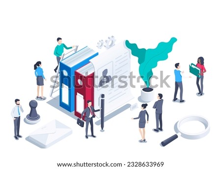 isometric vector illustration isolated on white background, stationery folders with document and magnifier with envelope and stamp, resume acceptance and business people