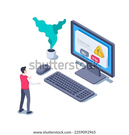 isometric vector illustration isolated on white background, man at a loss in front of computer and message on tap error finish process ?