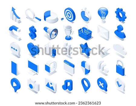 isometric vector illustration on a white background, social media and business icons, a set of objects on the theme of marketing