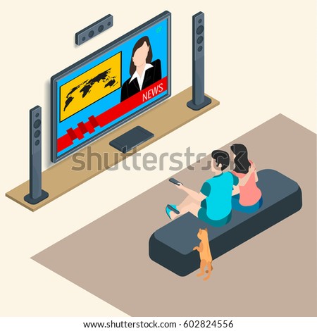 A girl and a guy are watch a new TV and a cat is peeking from behind