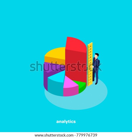 man a in busines  suit holds a ruler, analytical and business planning, growth chart, isometric image