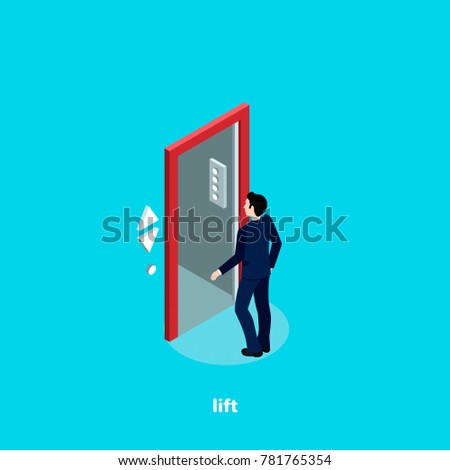 a man in a business suit enters an opened elevator, an isometric image