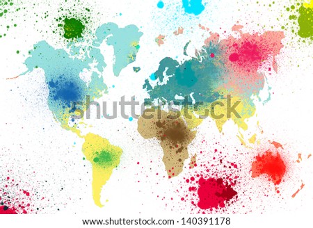 colorful world map paint stains