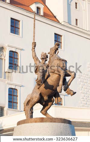 Bratislava, Slovakia- October 3, 2015: King Svatopluk statue in the front of Bratislava Castle in Slovakia on October 3, 2015.