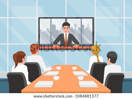 Business people at the video conference call with the team at meeting room. Teleconference concept