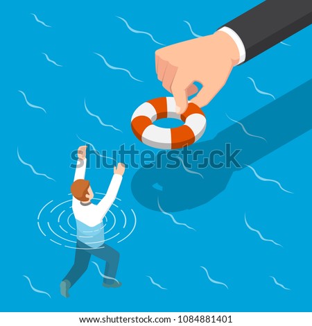 Flat 3d isometric big hand giving a lifebuoy to help businessman. Helping business to survive concept.