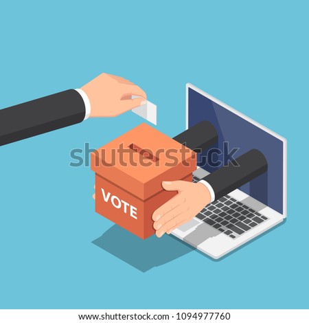 Flat 3d isometric businessman hand putting voting paper into ballot box that come out from laptop monitor. Online voting and election concept.