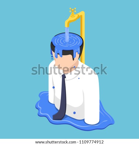 Flat 3d isometric businessman head overflow by water from golden faucet. Metaphor of people who filled by ego and don't learn anything new anymore.