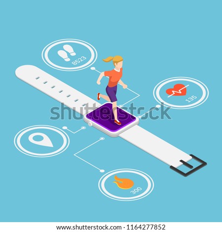 Flat 3d isometric woman running on smartwatch with heart rate monitors, counting calories, count steps and GPS technolog function. Wearable device technology and fitness tracker concept.