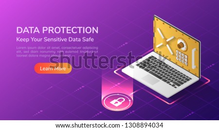 3d isometric web banner laptop with full option security system and vault door on the screen. Personal data security concept landing page.