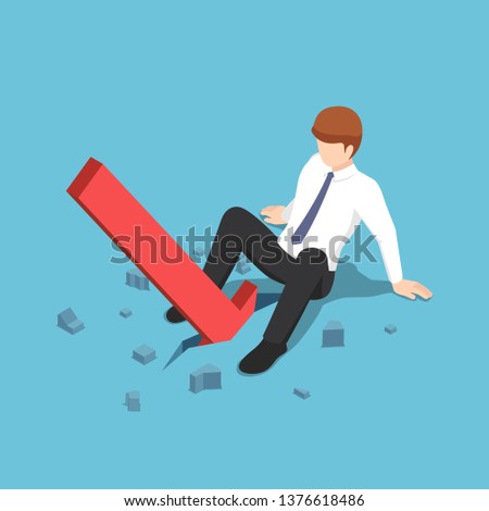 Flat 3d isometric red arrow falling between businessman legs. Business and financial crisis concept.