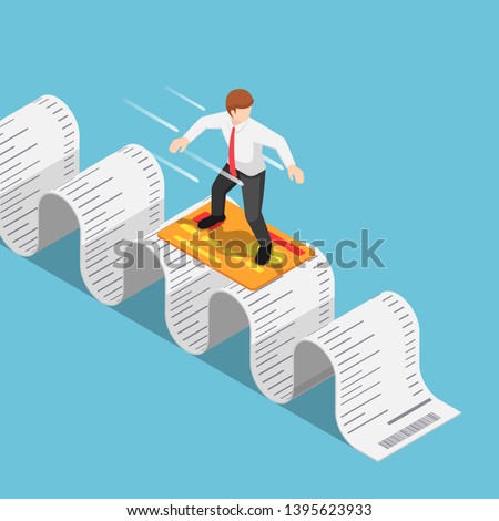 Flat 3d isometric businessman use credit card and surfing on shopping receipt. Debt and financial concept.