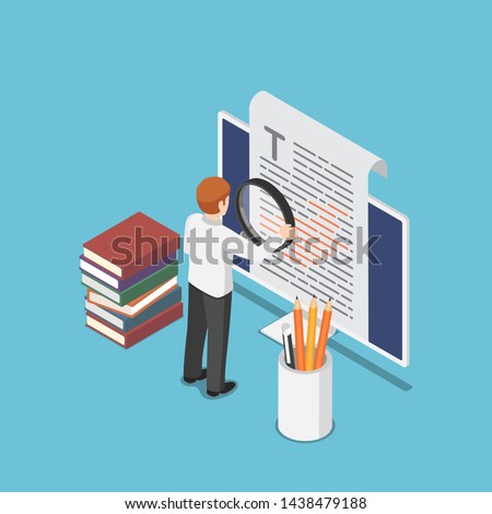 Flat 3d isometric businessman proofreading a document on pc monitor. proofread and content writing concept.