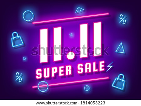 November 11 super sale shopping day neon sign background for poster, web banner, landing page, poster, flyer, promotional material.