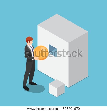Flat 3d isometric businessman trying to put sphere shape into the square hole. Wrong decision and business management failure concept.
 Foto stock © 